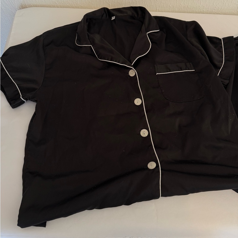 Black Button-Up Pajama Set with White Trim